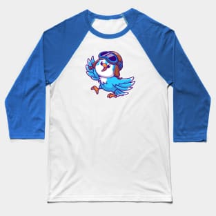 Cute Bird Waving Hand With Pilot Hat Cartoon Baseball T-Shirt